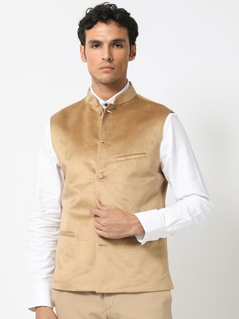 Rare Rabbit Beige Tailored Fit Textured Bandhgala