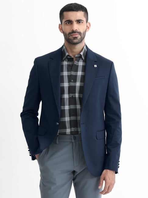 Rare Rabbit Navy Tailored Fit Solid Blazer
