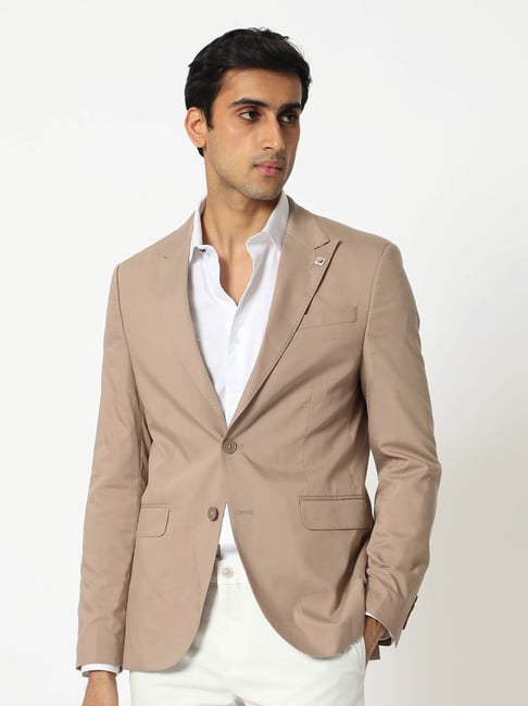 Rare Rabbit Beige Tailored Fit Solid Blazer