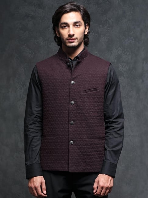 Rare Rabbit Maroon Tailored Fit Jacquard Bandhgala