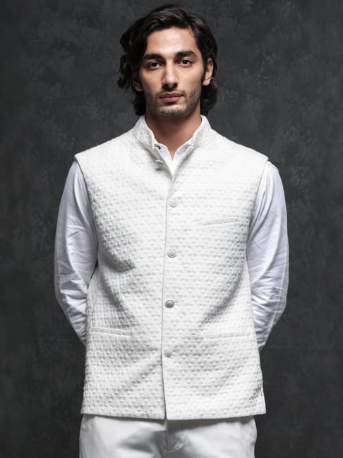 Rare Rabbit Off White Tailored Fit Jacquard Bandhgala