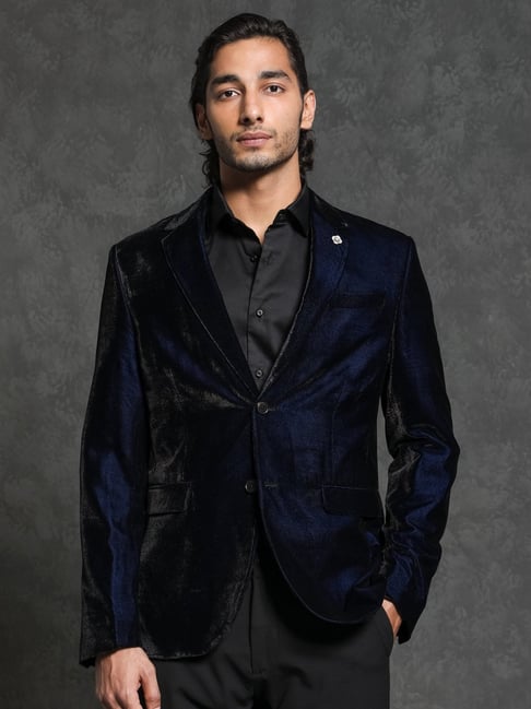 Rare Rabbit Blue Tailored Fit Solid Blazer-picture-27