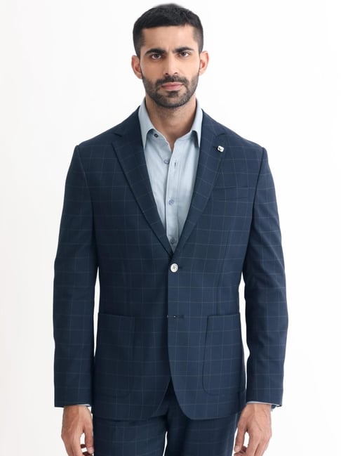 Rare Rabbit Navy Tailored Fit Checks Formal Suit