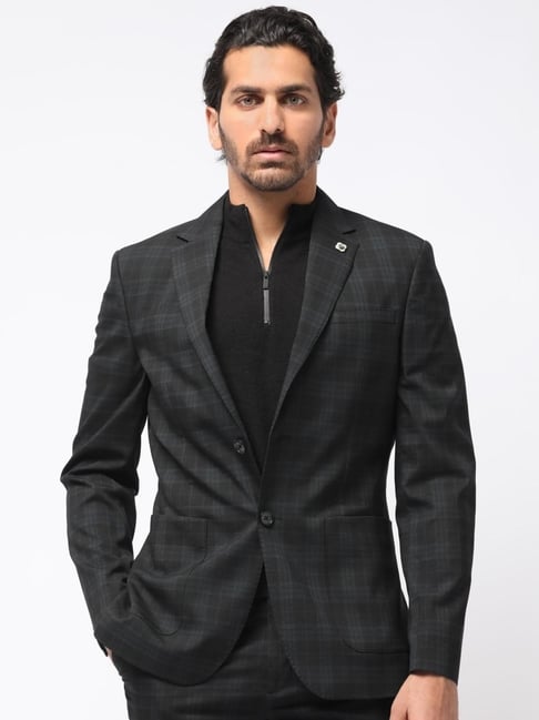 Rare Rabbit Black Tailored Fit Checks Formal Suit