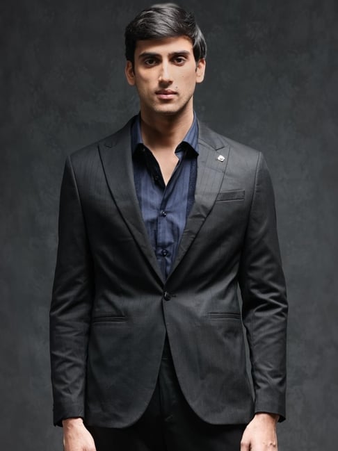 Rare Rabbit Black Tailored Fit Stripes Formal Suit