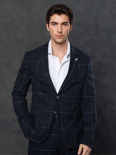 Rare Rabbit Navy Tailored Fit Checks Formal Suit