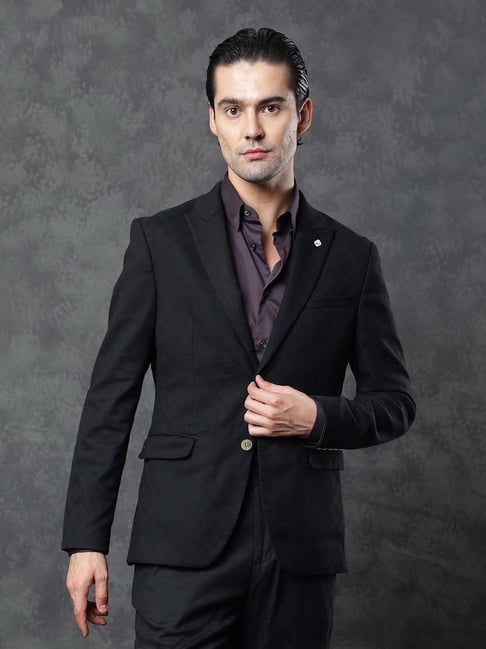 Rare Rabbit Navy Tailored Fit Jacquard Formal Suit