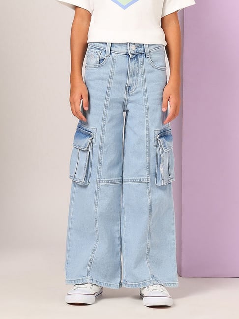 Buy Polo Girls Light Blue Wide Leg Fit Cargo Jeans at