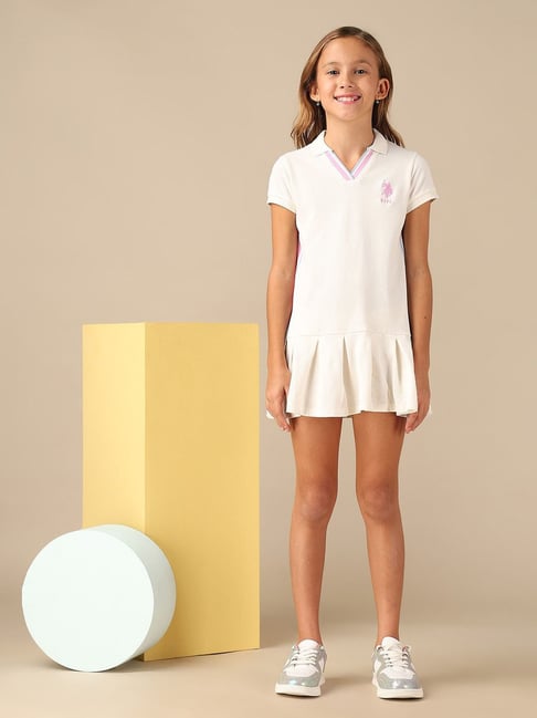 Polo Girls Off White Solid Pleated Tennis Dress