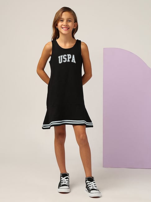 U.S. Polo Assn. Girls Black Brand Printed A Line Dress