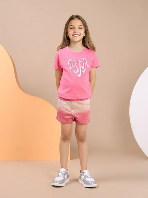U.S. Polo Assn. Girls Pink Brand Printed Elasticized T-Shirt