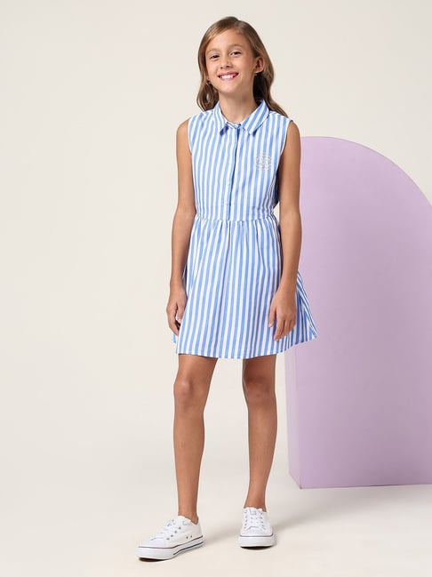 U.S. Polo Assn. Girls Light Blue Vertical Striped Fit And Flare Dress-picture-42