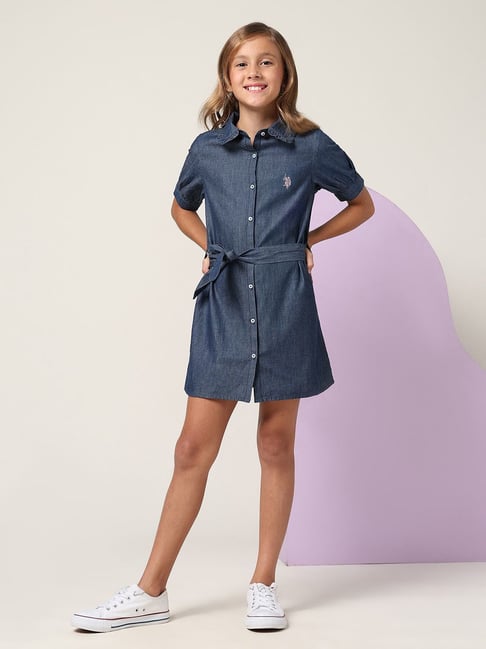Polo Girls Navy Solid Denim Shirt Dress