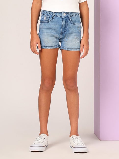 Buy Polo Girls Blue Denim Solid Shorts at Best Price