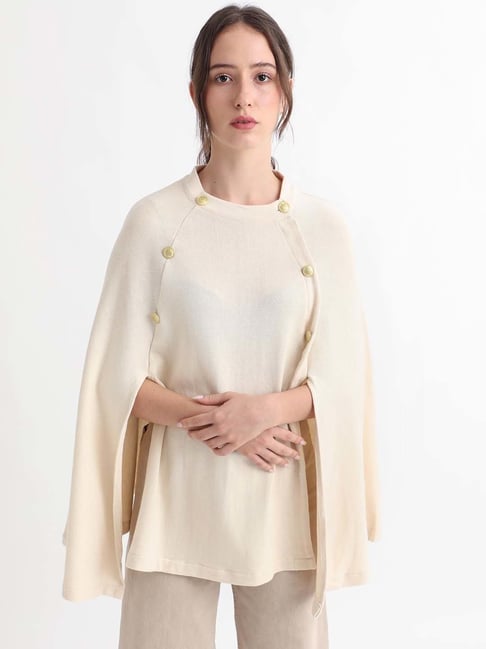 RAREISM Off White Cotton Solid Three-Quarter Sleeves Sweater