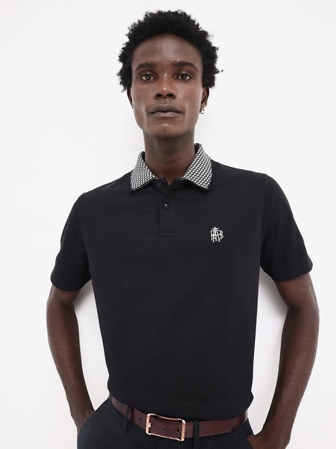 Rare Rabbit Black Regular Fit Embroidered Polo T-Shirt