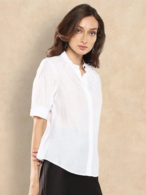 RAREISM White Cotton Blend Solid Short Sleeves Top