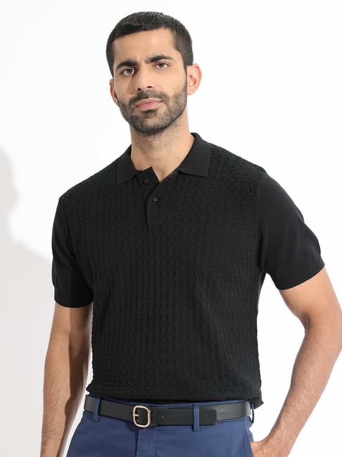 Rare Rabbit Black Slim Fit Jacquard Polo T-Shirt-image-22