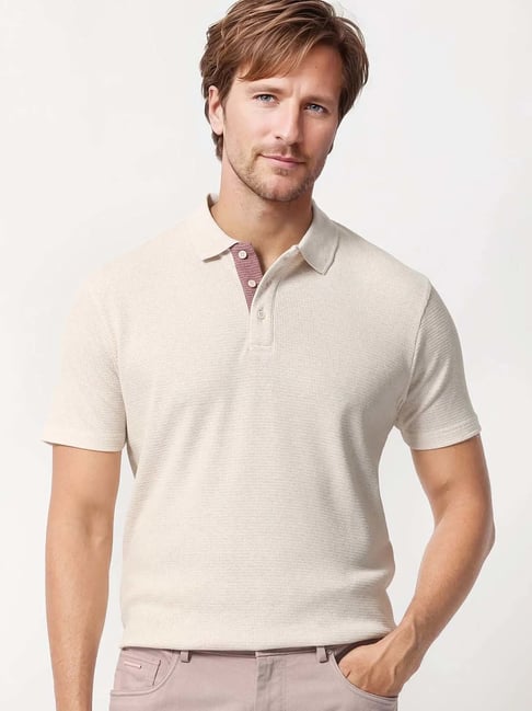 Rare Rabbit Beige Regular Fit Solid Polo T-Shirt