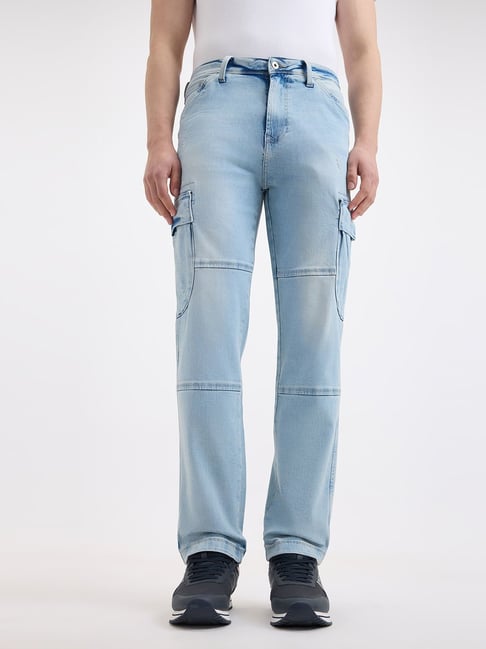 Pepe Jeans Light Blue Cotton Straight Fit Cargo Jeans
