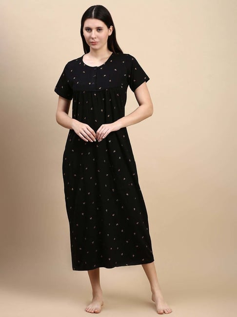 Kryptic Black Cotton Relaxed Fit Printed Night Gown-picture-21