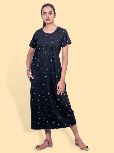 Kryptic Black Cotton Relaxed Fit Printed Night Gown-picture-28
