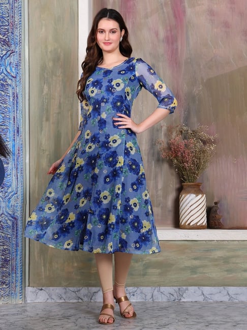 Aurelia Blue Floral Print Anarkali Kurta-picture-10