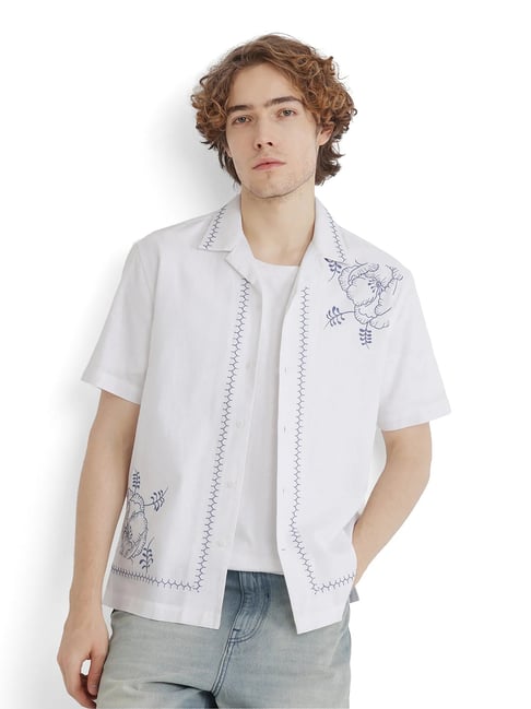 Rare Rabbit White Relaxed Fit Embroidered Shirt-image-32