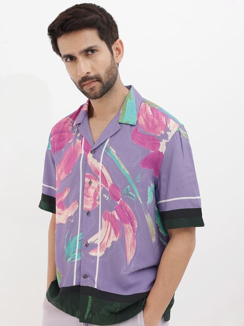 Rare Rabbit Purple Boxy Fit Floral Shirt - Main Image