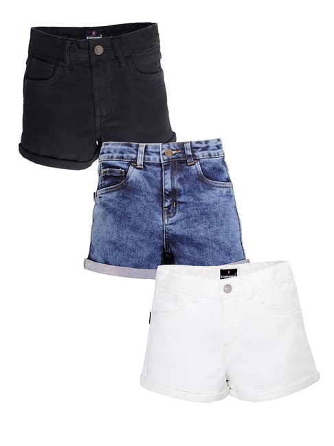 Kiddopanti Girls Black, Blue & White Denim Shorts - Pack of 3-picture-20