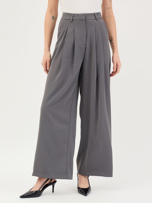 Elle Grey Polyester Solid Trouser-picture-42