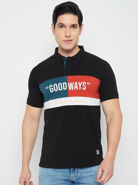 Duke Black Slim Fit Colour Block Polo T-Shirt-image-25