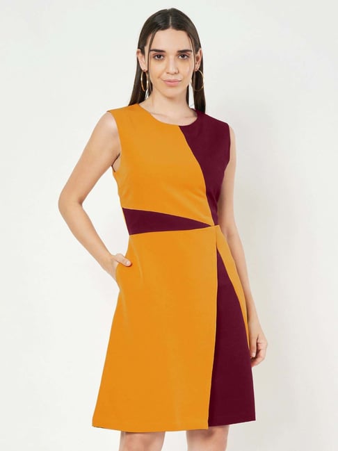 Brinns Mustard & Burgundy Regular Fit Color-Block Dress