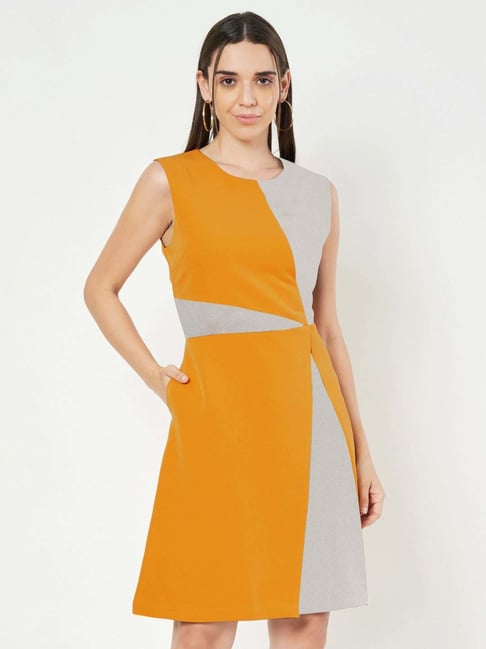 Brinns Mustard & Grey Regular Fit Color-Block Dress-image-32