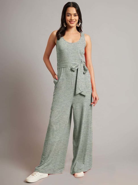 Brinns Grey Melange Cotton Regular Fit Jumpsuit