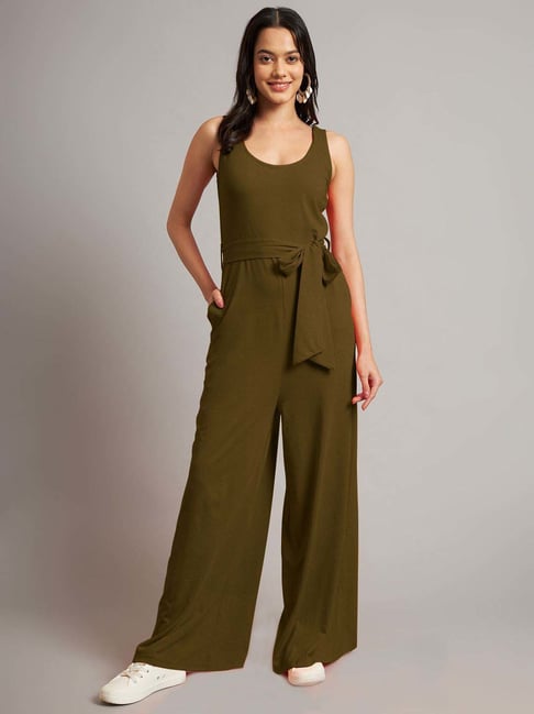 Brinns Olive Cotton Regular Fit Jumpsuit