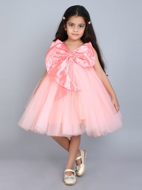 Pink Chick Girls Peach Sleeveless Bow Applique Fit and Flared Dress-picture-20
