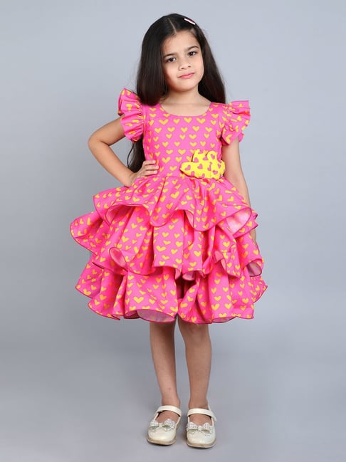 Pink Chick Girls Pink Cotton Frill Sleeves Printed Layered Dress