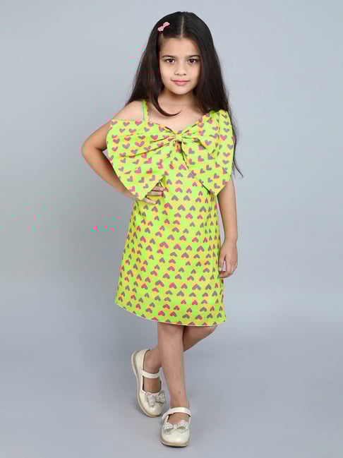 Pink Chick Girls Lime Green Cotton Sleevelesss Bow Printed A-Line Dress