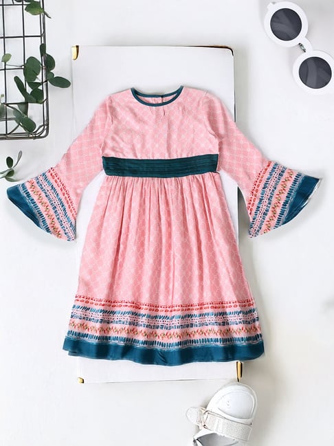 Bella Moda Girls Blue Cotton Three Fourth Bell Sleeves Solid Dress