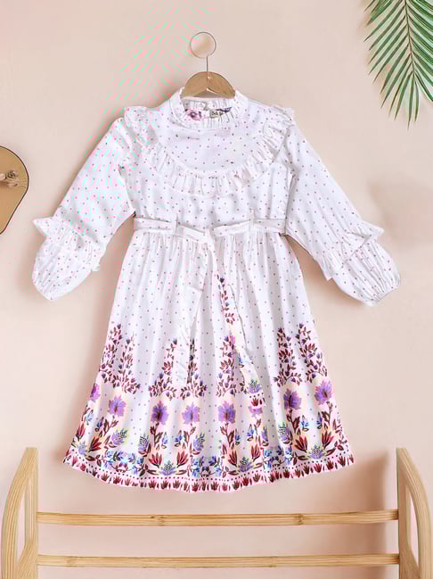 Bella Moda Girls White Cotton Three Fourth Sleeves Solid Dress