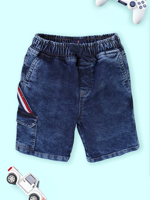 Kiddopanti Boys Medium Blue with Tape Denim Regular Fit Cargo Shorts-picture-48