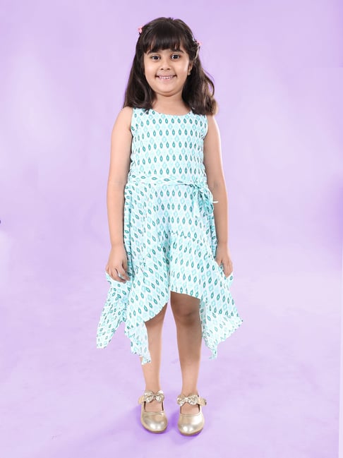 Kiddopanti Girls Green Cotton Regular Fit Printed Dress