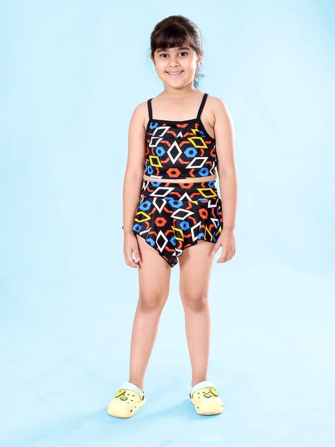 Kiddopanti Girls Black, Blue & Orange Regular Fit Printed Swimwear-picture-38