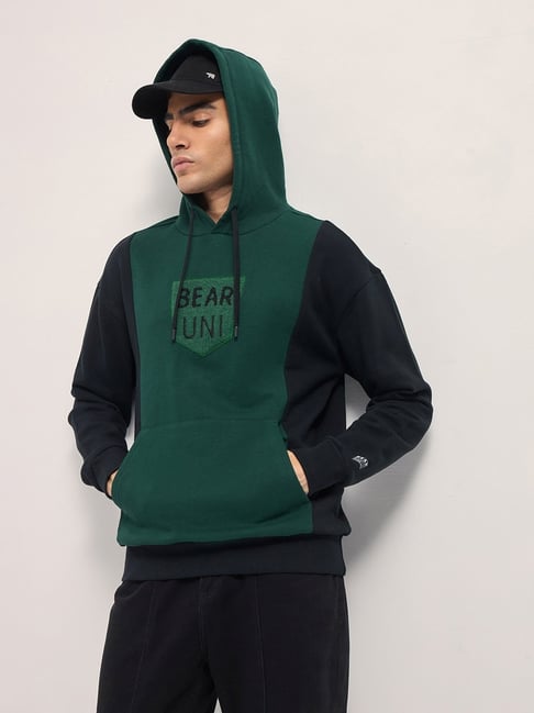 The Bear House Black & Green Cotton Relaxed Fit Colour Block Hooded Sweatshirt