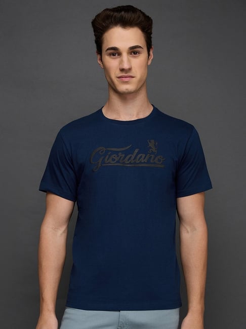 Giordano Blue Slim Fit Logo Printed T-Shirt-picture-22