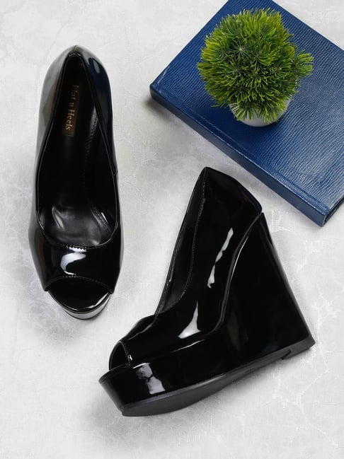 Flat N Heels Women's Black Peeptoe Wedges-picture-34