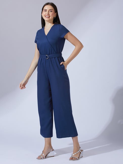 Globus Women Navy Blue Wrap V-Neck Short Sleeves Belted Long Jumpsuit-picture-19