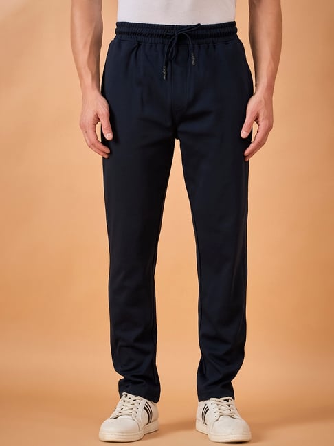 Club York Navy Cotton Blend Regular Fit Solid Trackpants