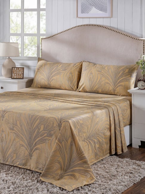 Maspar Baroque Feathering Gold Cotton Floral 400 TC King Flat Bedsheet with 2 Pillow Cases-picture-20